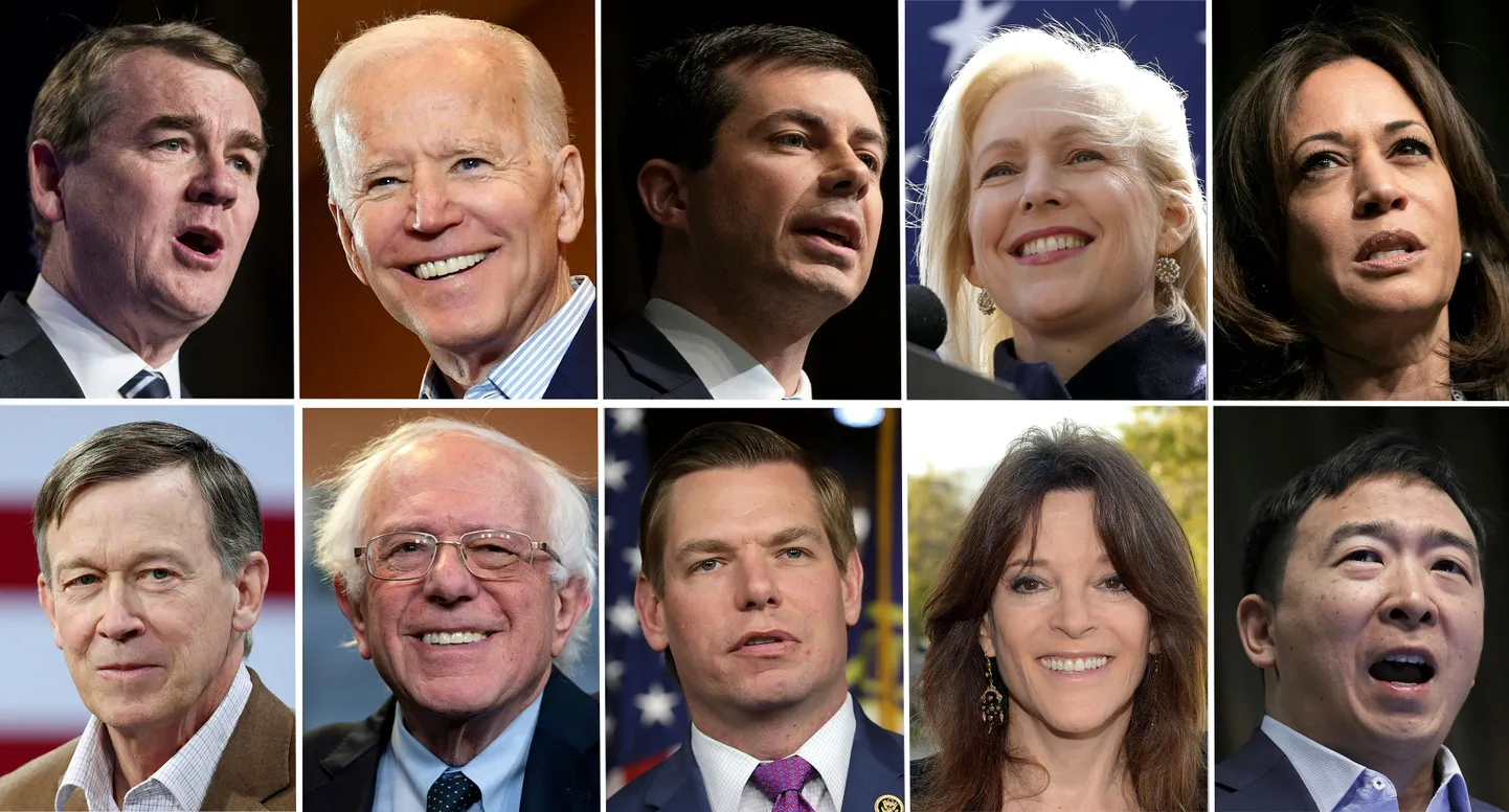 (Vasakult - Paremale, Ülevalt alates) Michael Bennet, Joe Biden, Pete Buttigieg, Kirsten Gillibrand, Kamala Harris, John Hickenlooper, Bernie Sanders, Eric Swalwell, Marianne Williamson ja Andrew Yang.