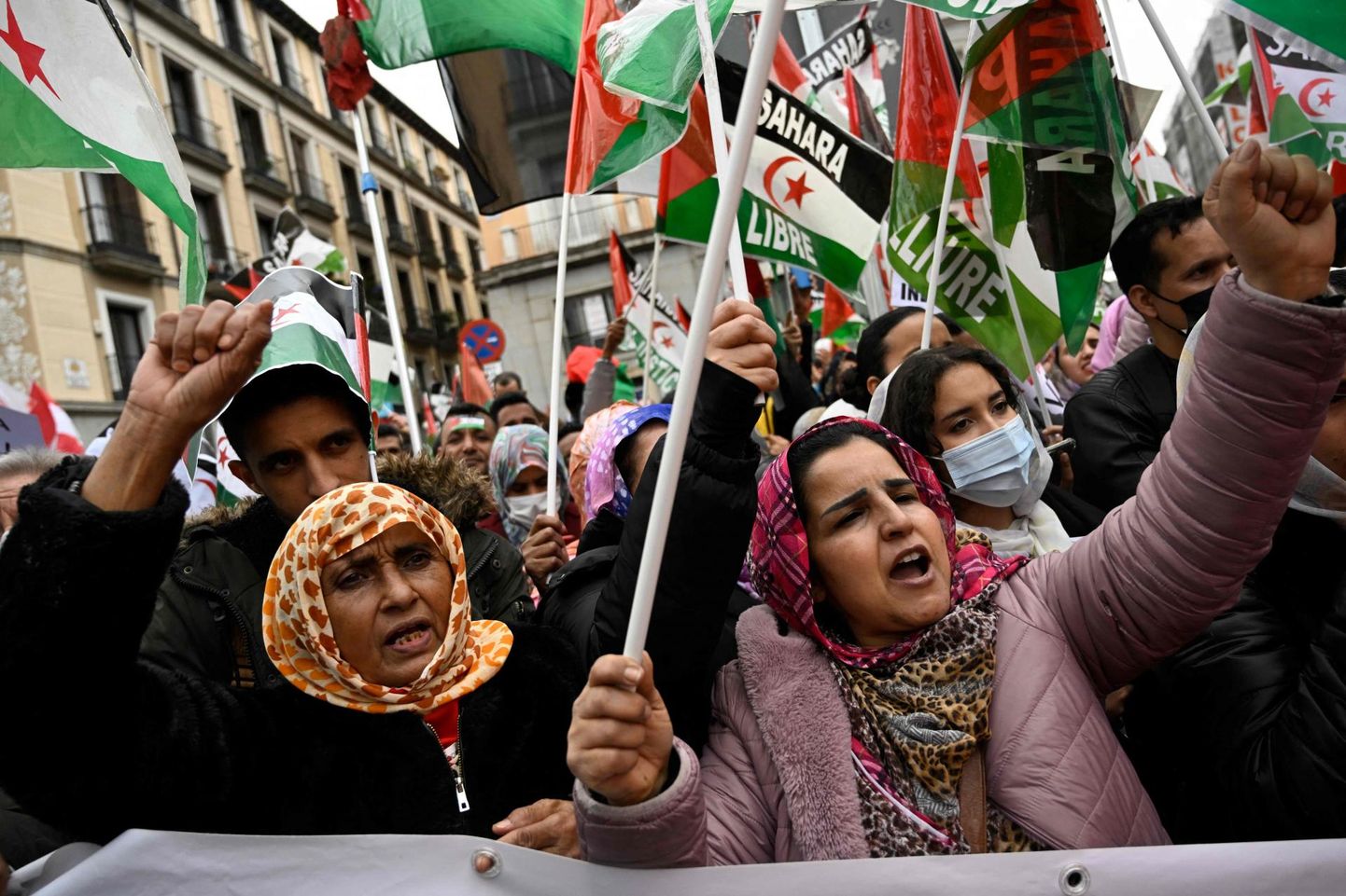 Lääne-Sahara lippudega meeleavaldajad nädalavahetusel Madridis protestimas Hispaania valitsuse otsuse vastu toetada Maroko seisukohta, et piirkond peaks olema autonoomse staatusega nende koosseisus. 