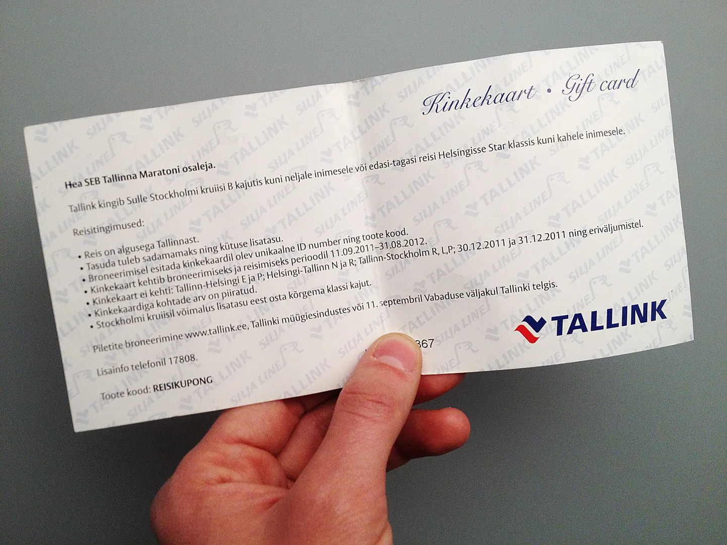 Tallinki kinkekaart, mida jagati sügisjooksul osalejatele.
