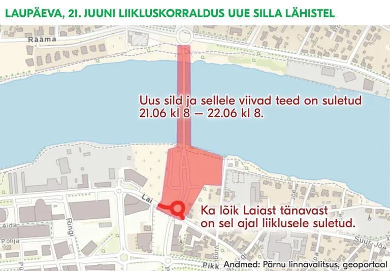 Liikluskorralduse muutus Pärnu uue silla lähistel laupäeval, 21. juunil.