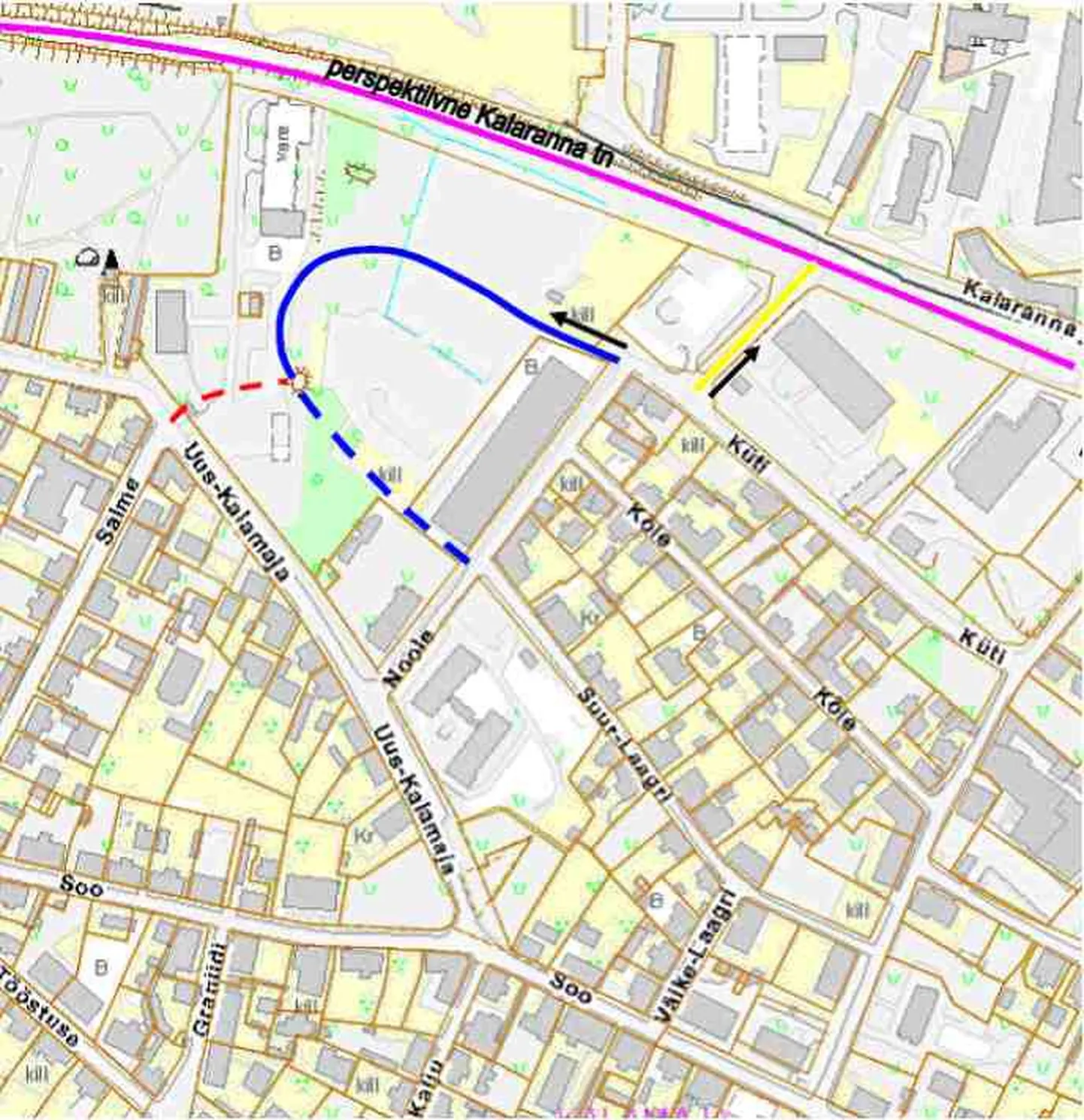 Vibu tänav on skeemil märgitud sinise, Oda tänav kollase joonega. Punase katkendjoonega on tähistatud Salme tänava pikendus.