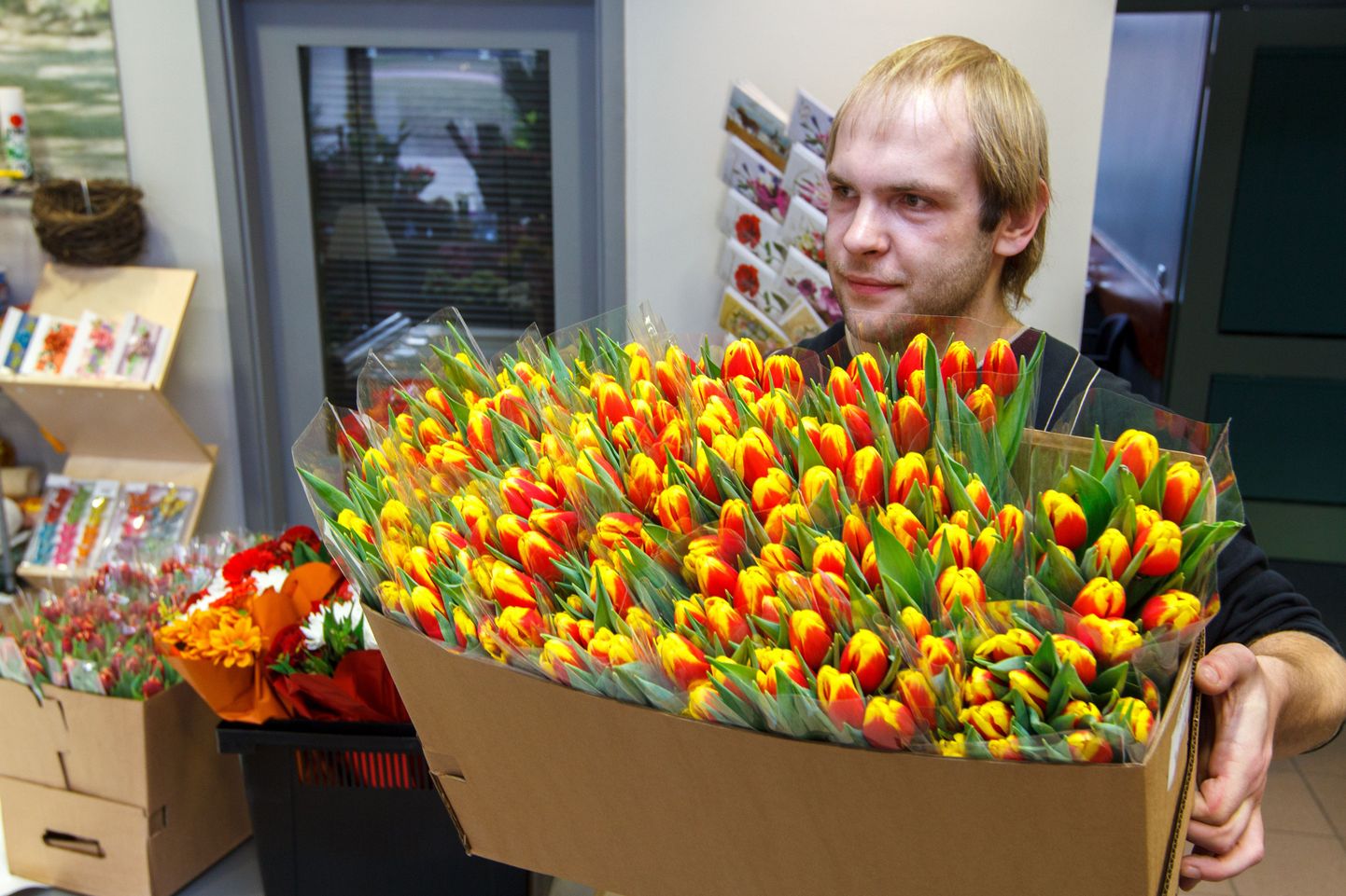 Valge lille salongi juhatajal Mattis Pihul olid eile käed-jalad tööd täis. Tuli nii kliente teenindada kui mitu korda päevas kaupa vastu võtta. Ka nädalavahetus tõotab nii talle kui teistele Valga lillepoodnikele töörohke tulla.