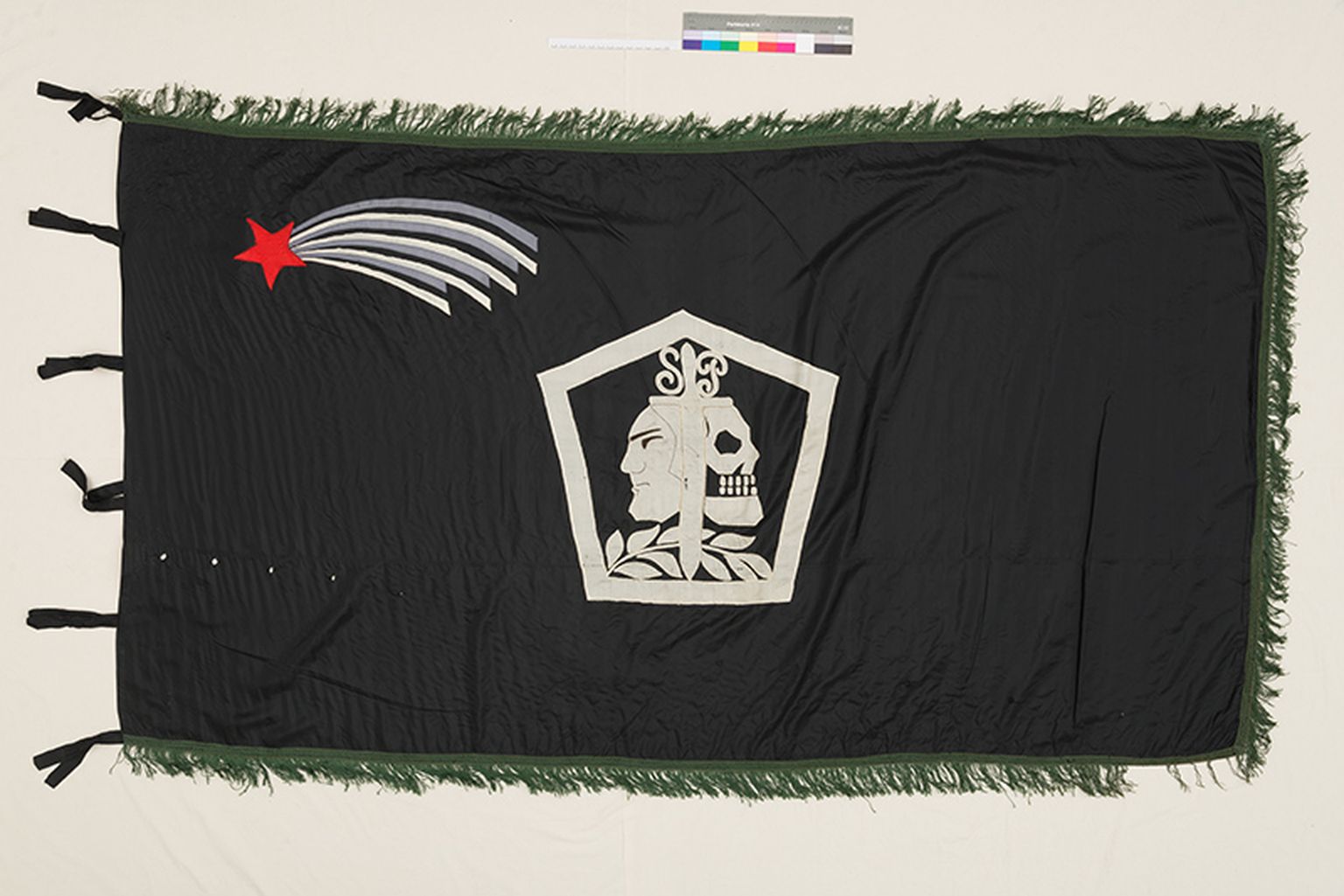 Sakala partisanide lipp. Elusa inimese pale tähendab elu, kolju surma, mõõk kaitset, loorberioks võitu ja au, must tähistab Eesti mullapinda ja hõbehall ustavust.