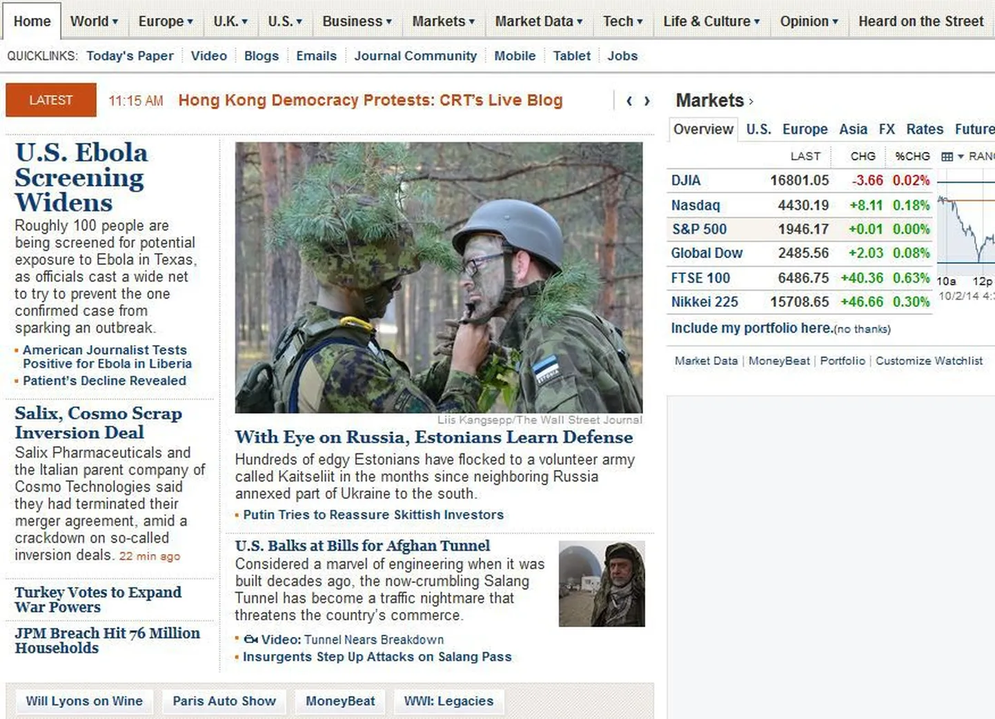 The Wall Street Journali veebilehel esikülg 3. oktoobril 2014: «Pilk Venemaal, Eesti õpib end kaitsma».