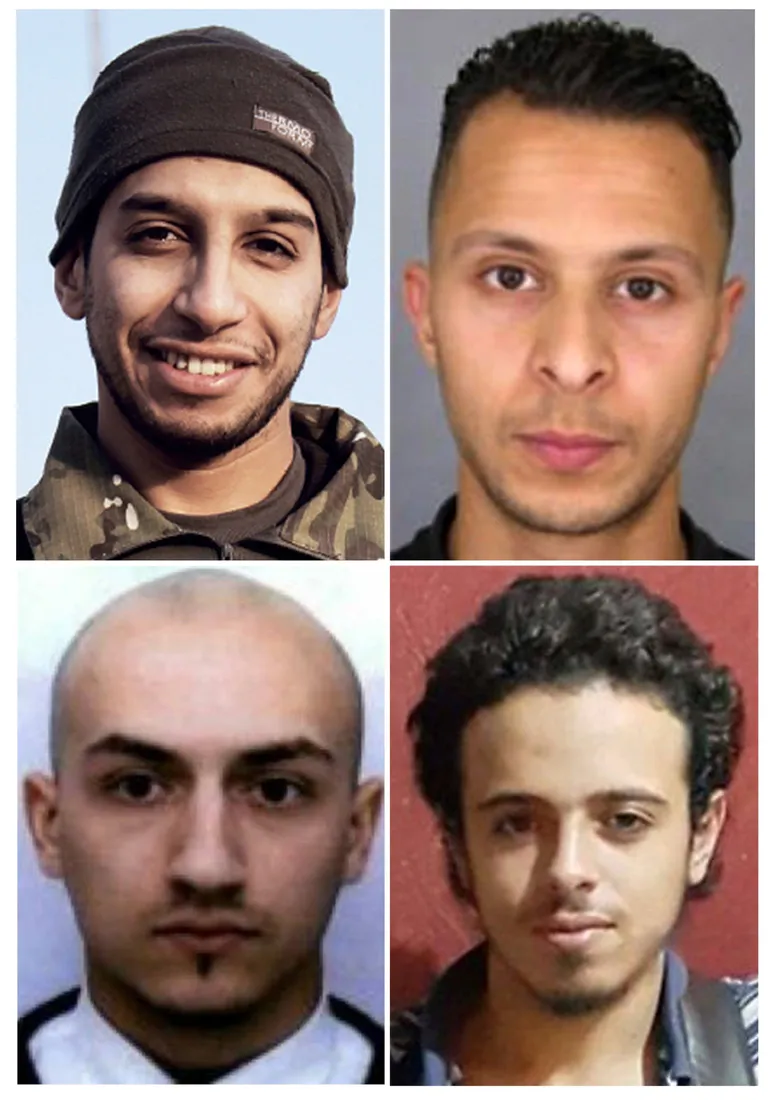 Ülevalt vasakult kella liikumise järgi: Pariisi veresauna väidetav korraldaja ja planeerija, belglane Abdelhamid Abaaoud, tagaotsitav Prantsuse kodanik Salah Abdeslam, staadioni juures enesetaputerroristiks olnud Prantsuse kodanik Bilal Hadfi ning Bataclani kontserdimaja rünnanud ja end hiljem ise õhku lasknud Prantsuse kodanik Samy Amimour. Foto: Scanpix