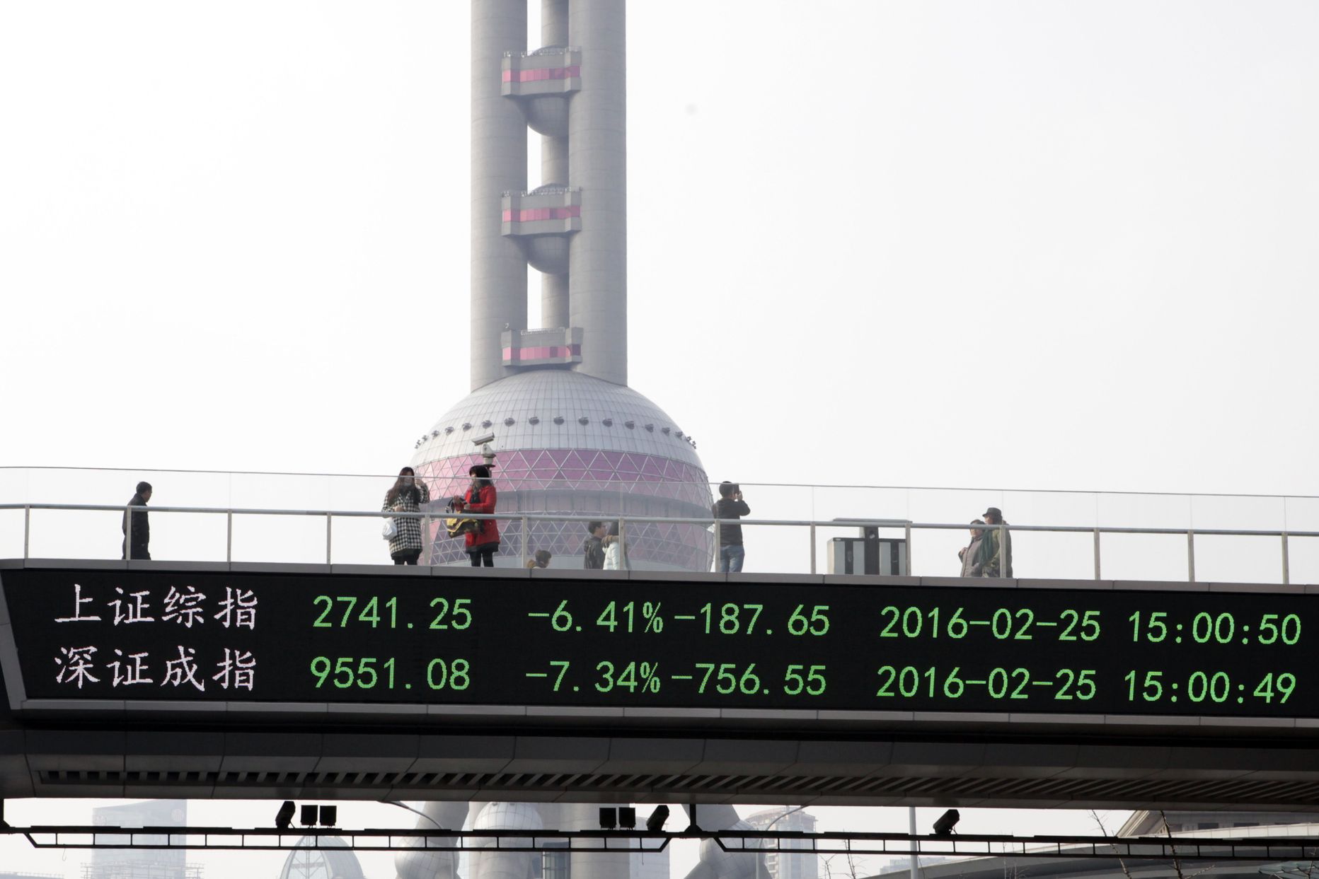 Börsiinfot kuvav tabloo Shanghai jalakäijate sillal.