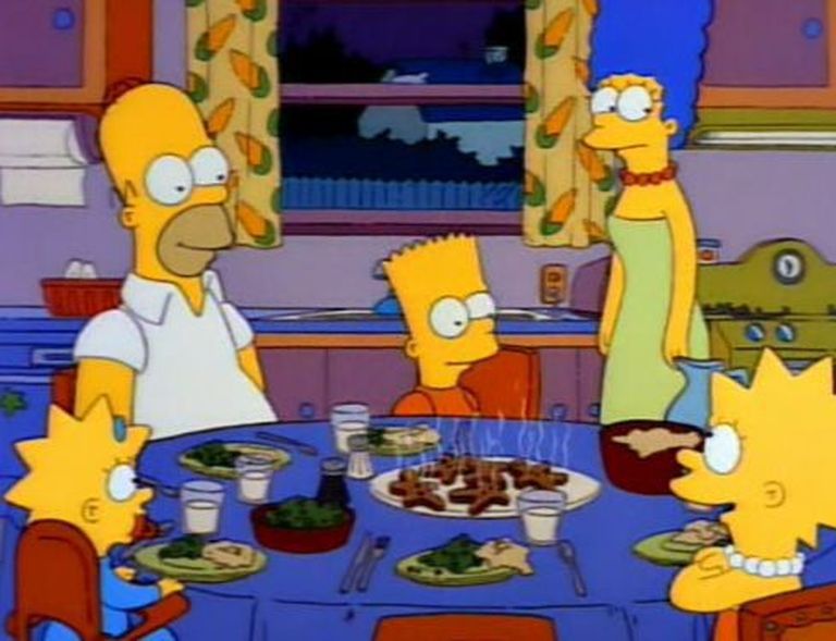 Kaader seriaalist «Simpsonid». Pildil Maggie, Homer, Bart, Marge ja Lisa Simpson