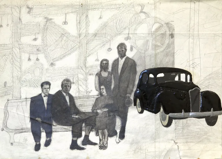 Raul Rajangu "1962. aasta seltskond ja 1940. aasta Packard Valgas." 1981Pliiats, autoritehnika. Tartu Kunstimuuseum