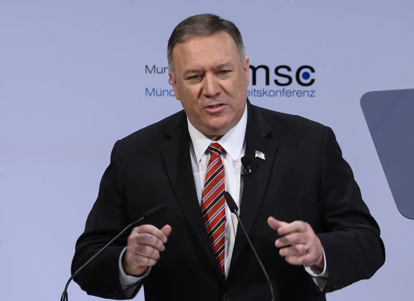ASV valsts sekretārs Maiks Pompeo Minhenes drošības konferencē.