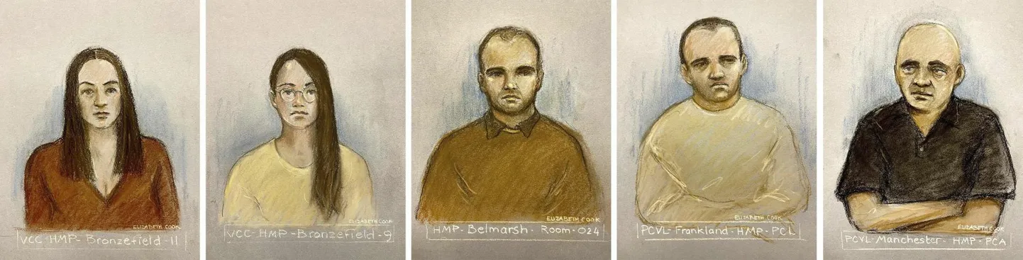 Kunstniku visandid viiest kohtualusest: Katrin Ivanova, Vanja ​ Gaberova, Orlin Roussev, Ivan Stojanov ja Bizer Džambazov.