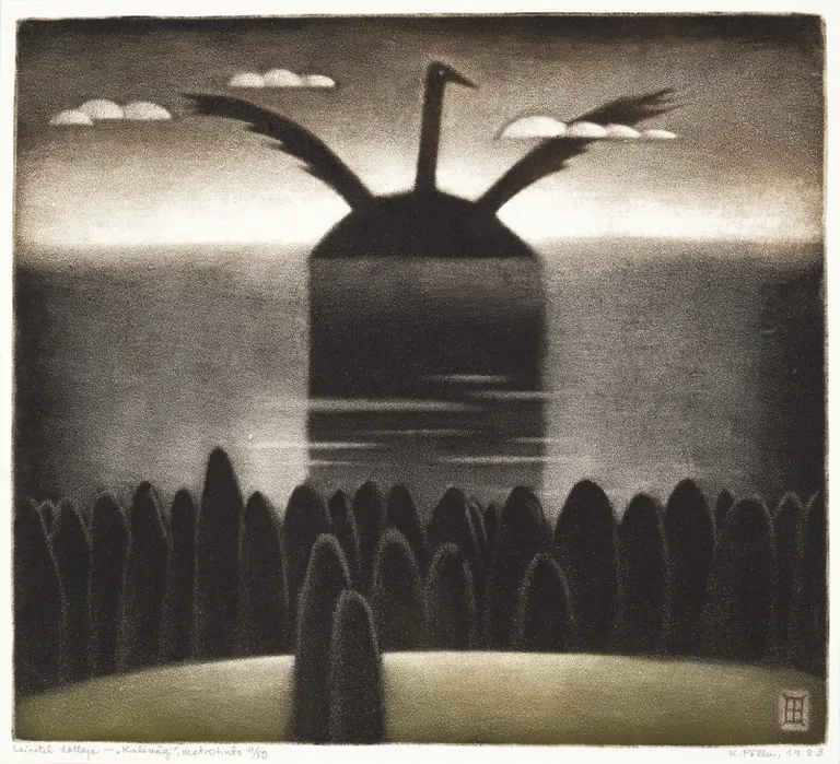 Kaljo Põllu. Lainetel tõttaja. Sarjast «Kalivägi». 1983. Värviline metsotinto, paberEesti Kunstimuuseum
