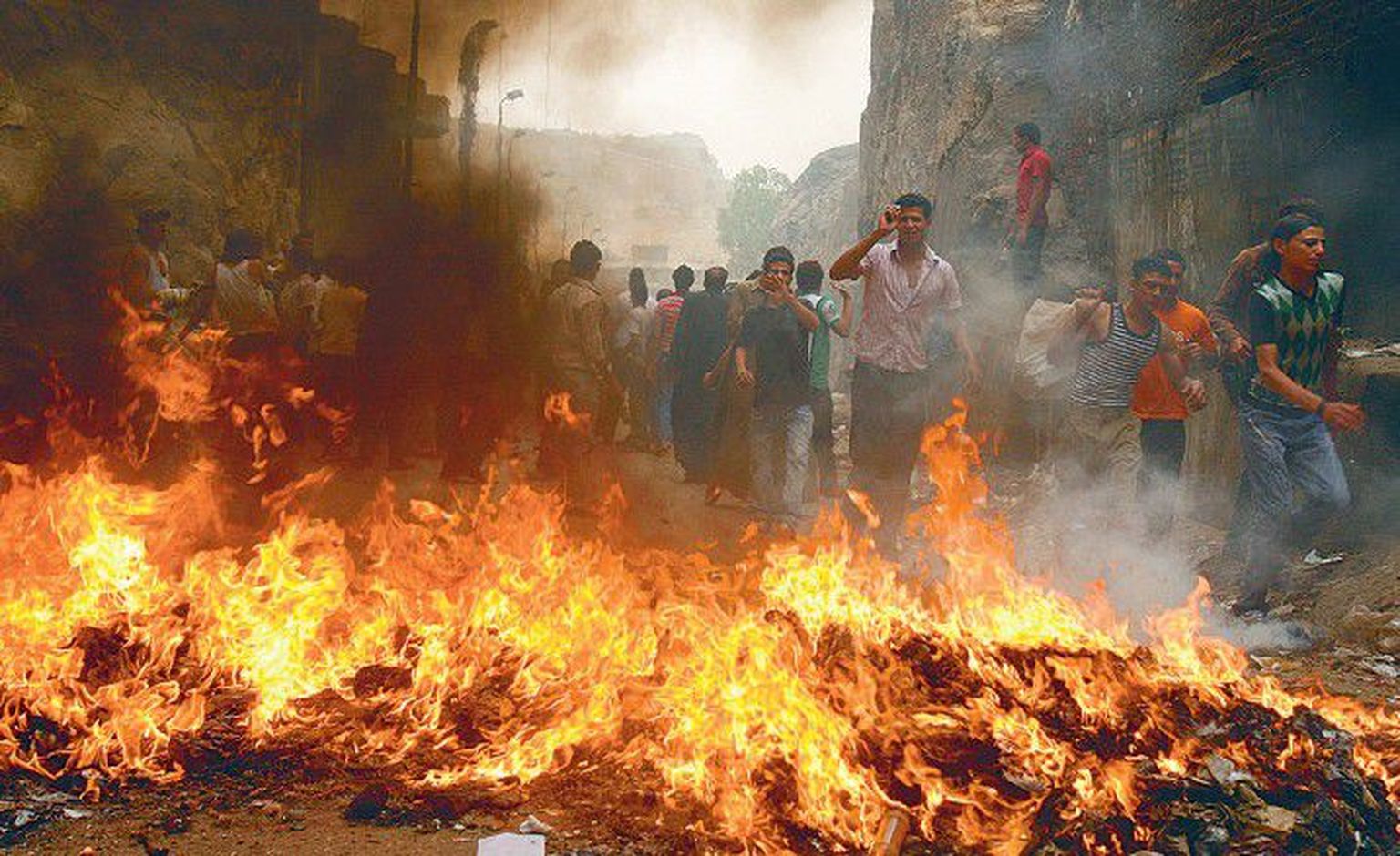 Борьба за жизнь свиней в Каире: бушующий огонь должен задержать силы правопорядка, которые разгоняют демонстрантов, протестующих против решения властей уничтожить свиней.