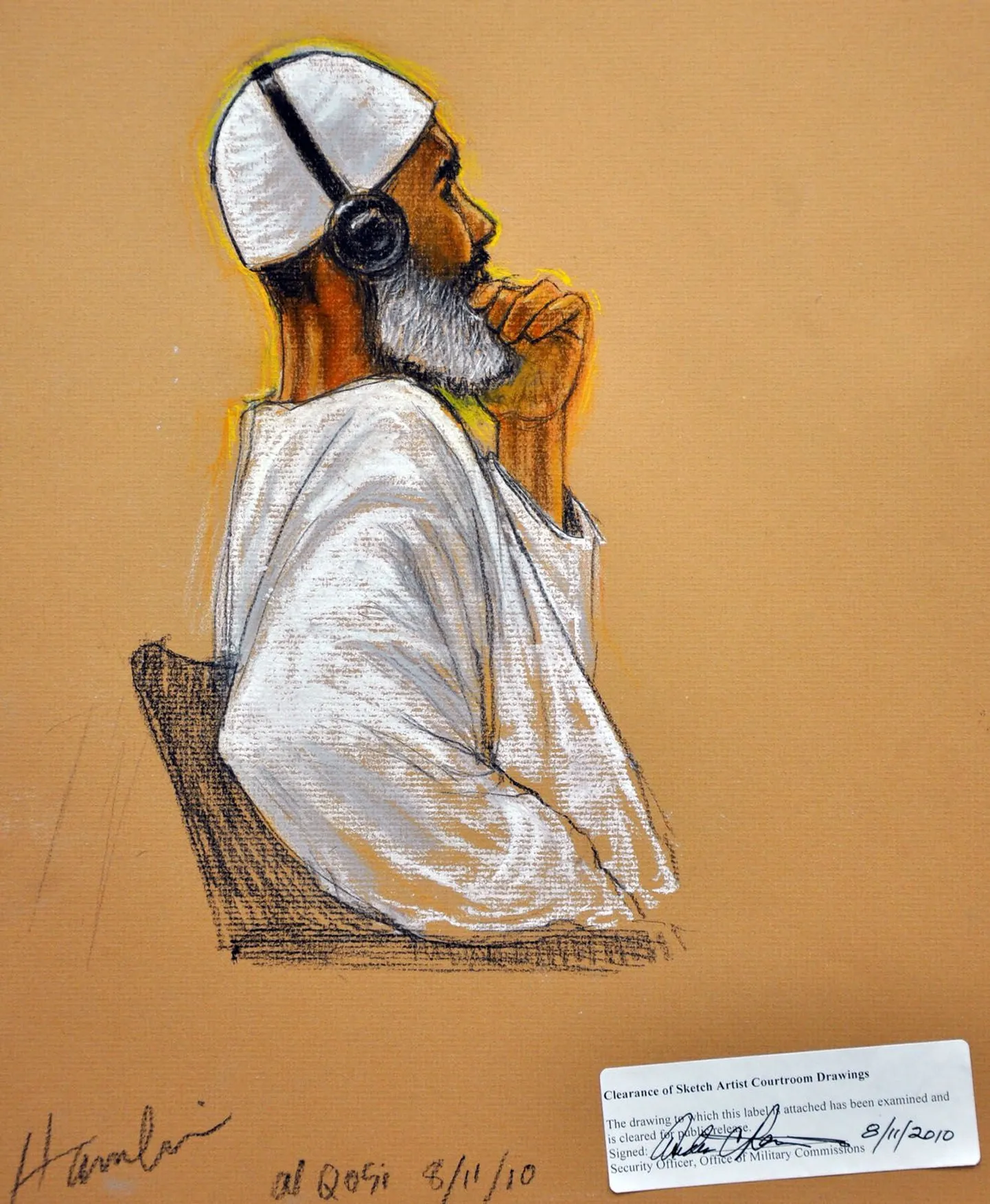 Kohtukunstniku Janet Hamlini joonistus  al-Qaida kokast Ibrahim Ahmed Mahmoud al-Qosist