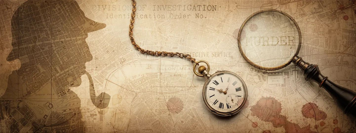 Sherlock Holmesi profiil ja Londoni kaart.