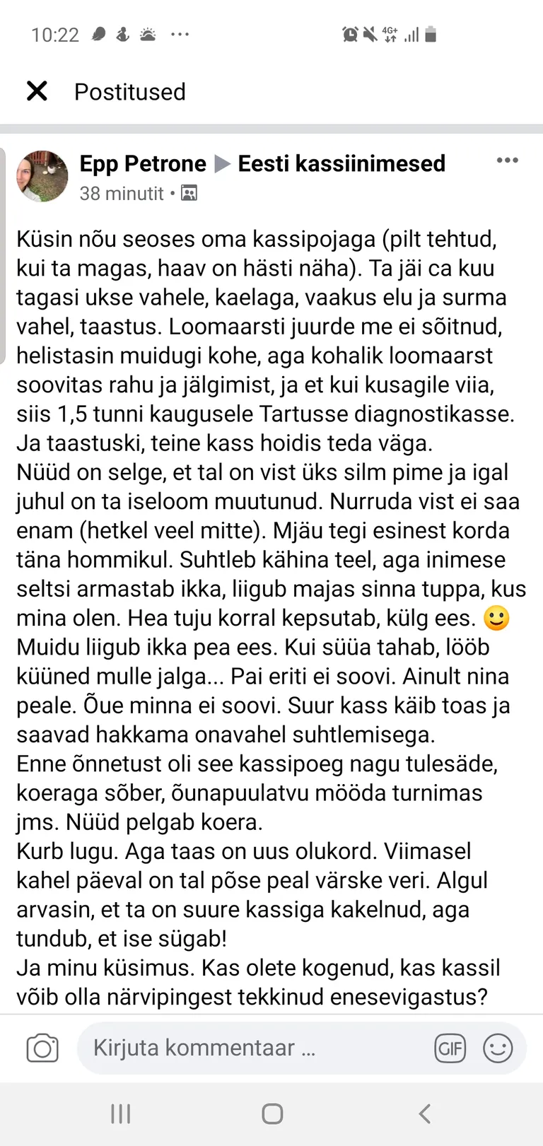 Epp Petrone postitus 9. oktoobri hommikul Eesti Kassiinimeste suletud grupis.
