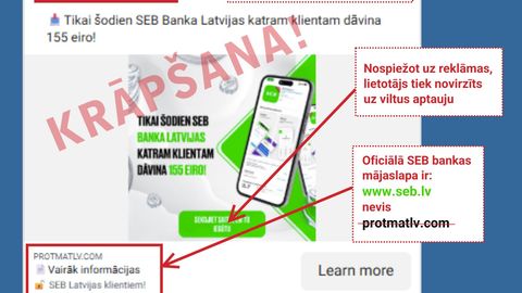 Brīdina par krāpnieciskām reklāmām "SEB bankas" vārdā