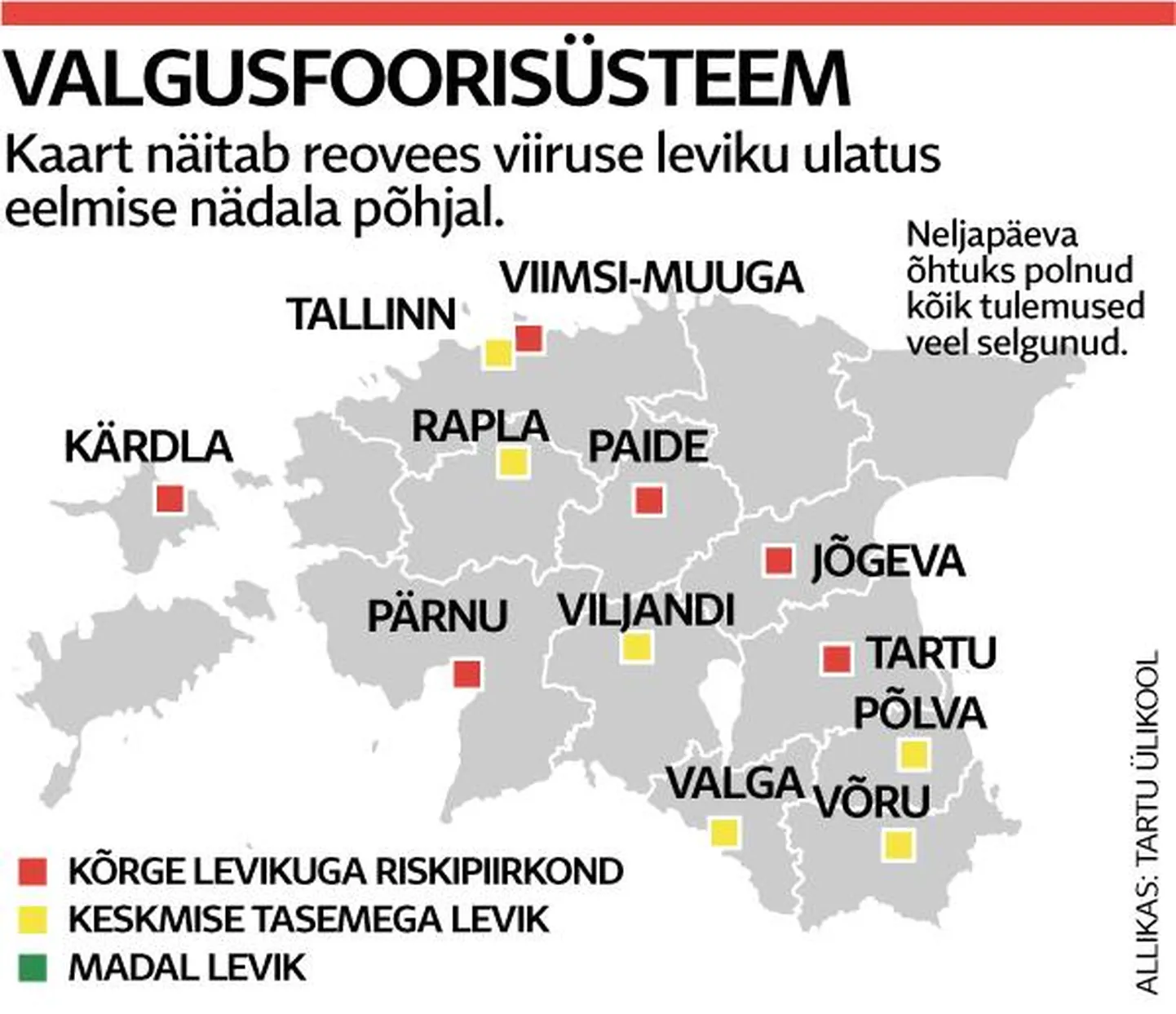 Kaart näitab viiruse leviku ulatust reovees esmaspäeval ja teisipäeval.