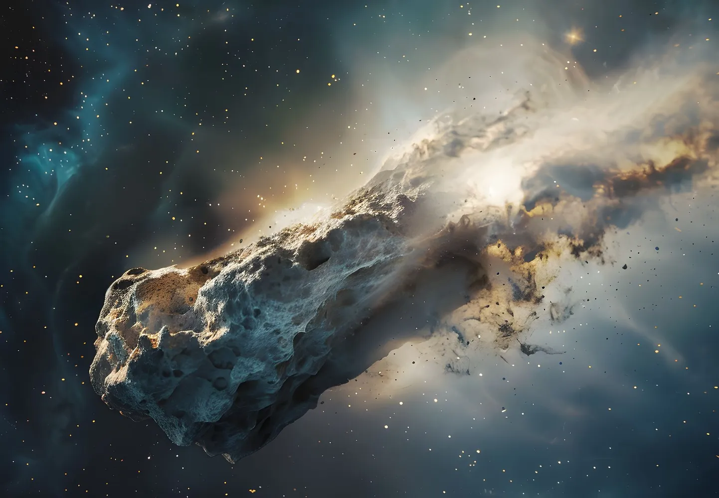 Umbes selline võiks välja näha asteroid, mis Maast möödus ja tuleb siia peagi tagasi. Pilt on loodud tehisintellektiga.