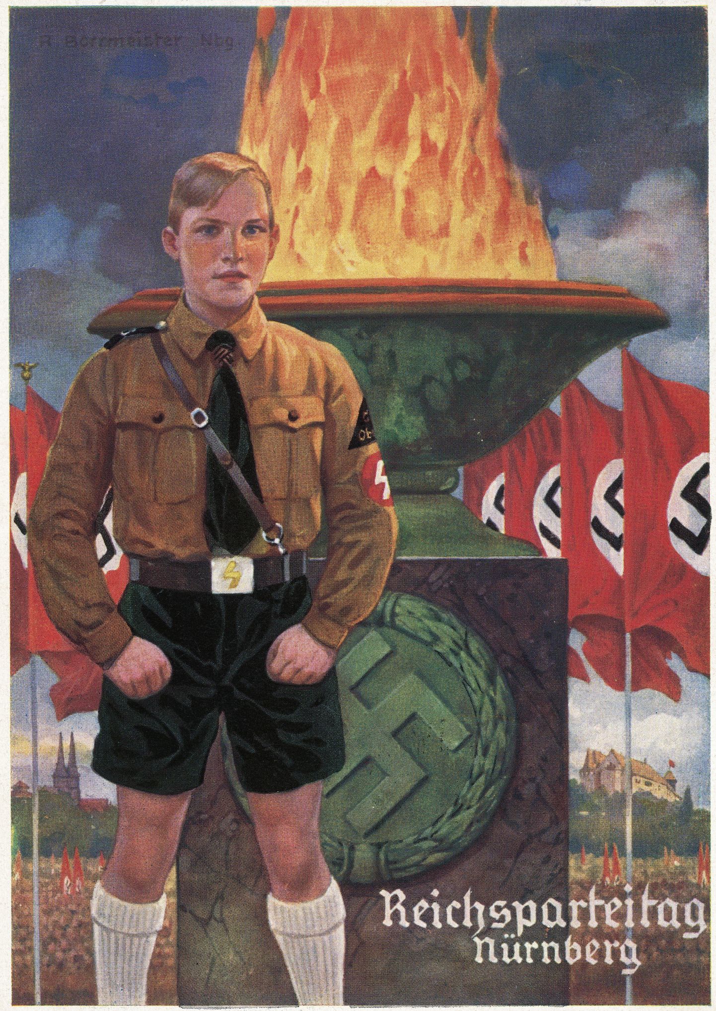 Natside propagandaplakat. Hitlerjugendisse kuuluv noormees seisab Nürnbergi natsisümbolite ees.