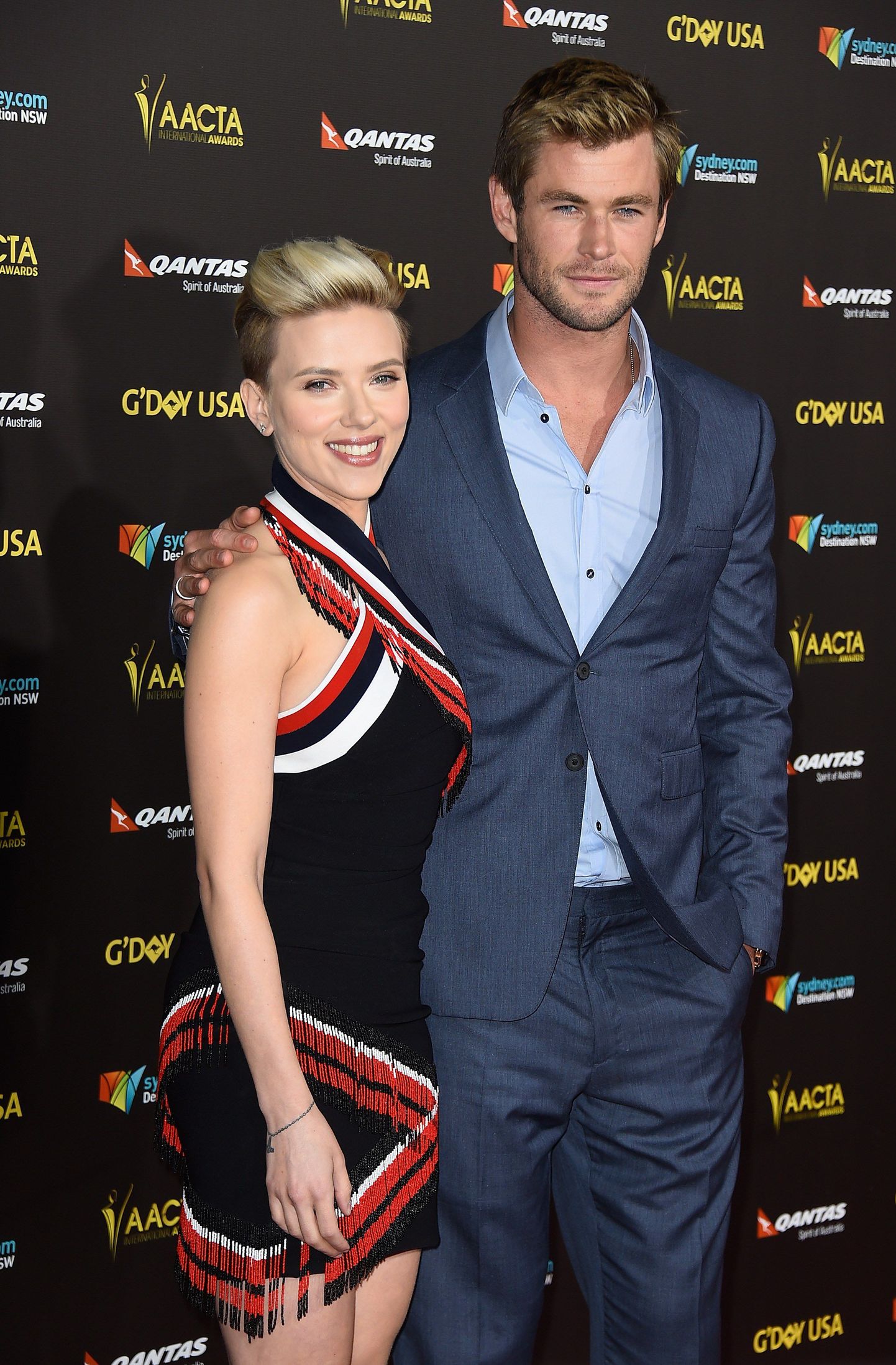 LOS ANGELES, CA - JANUARY 31: Actress Scarlett Johansson and actor Chris Hemsworth arrives at the 2015 G'Day USA Gala Featuring The AACTA International Awards Presented By QANTAS at the Hollywood Palladium on January 31, 2015 in Los Angeles, California.   Frazer Harrison/Getty Images/AFP
== FOR NEWSPAPERS, INTERNET, TELCOS & TELEVISION USE ONLY ==