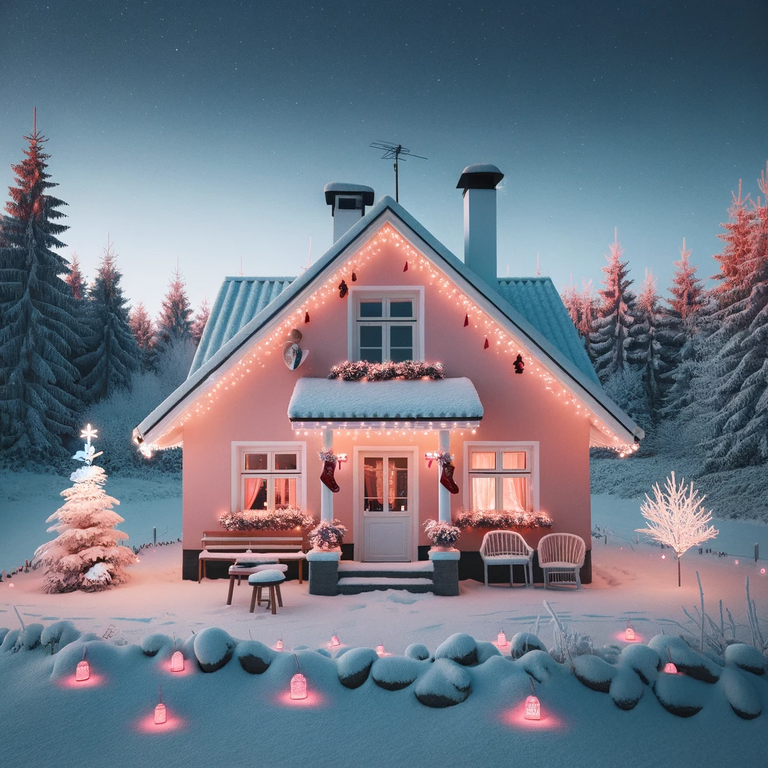 Tehisaru kujutis sellest, kuidas võiks välja näha roosades toonides kaunistatud maja Eesti talves.