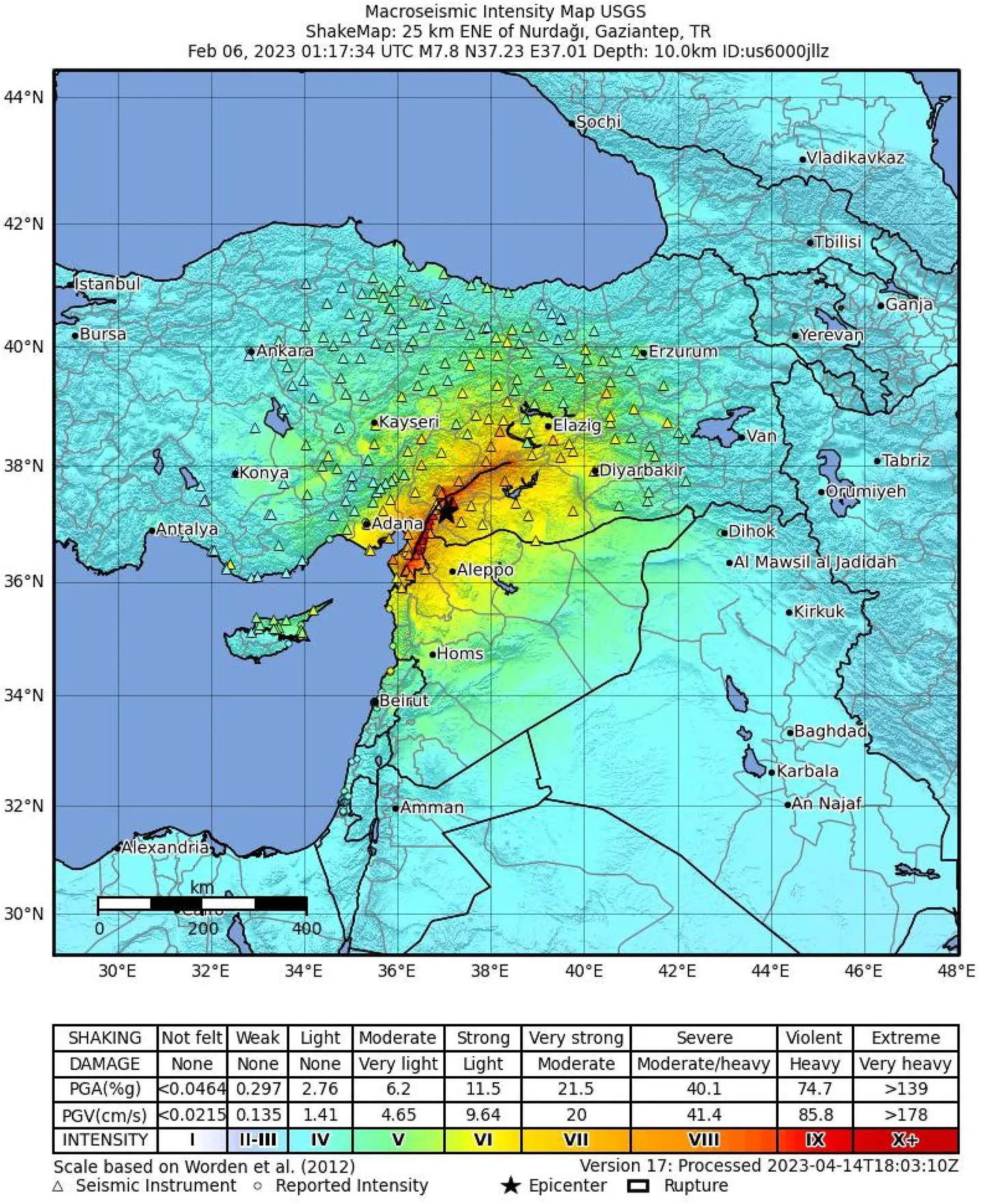2023. aasta Türgi maavärina intensiivsuse kaart ja geograafiline asukoht. Must tärn tähistab maavärina epitsentrit.