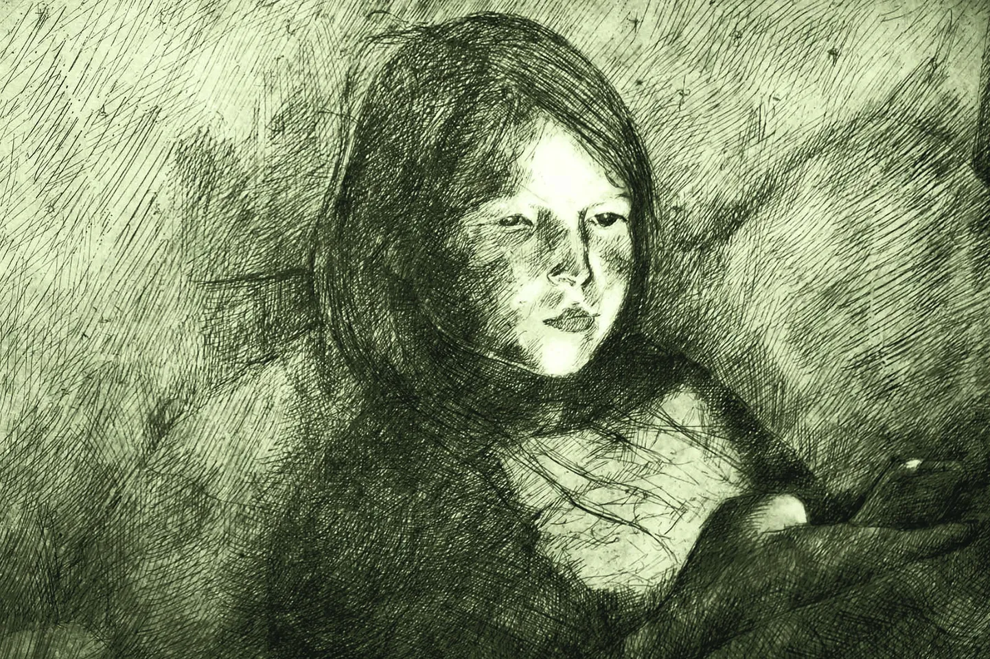 Lilli-Krõõt Repnau. Tüdruk nutitelefoni valguses. 2017. Söövitus. 50 × 40 cm.
