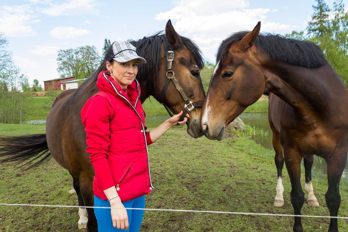 Otepääl rehabilitatsioonimeeskonna juhina töötav Katre-Liis Treufeldt Raudkassi talust ütles, et hobused aitavad tal raskest tööst taastuda. Pildil tema läti sport­hobune Odelia (paremal) koos koplis pinda rentiva tori hobuse Danega.