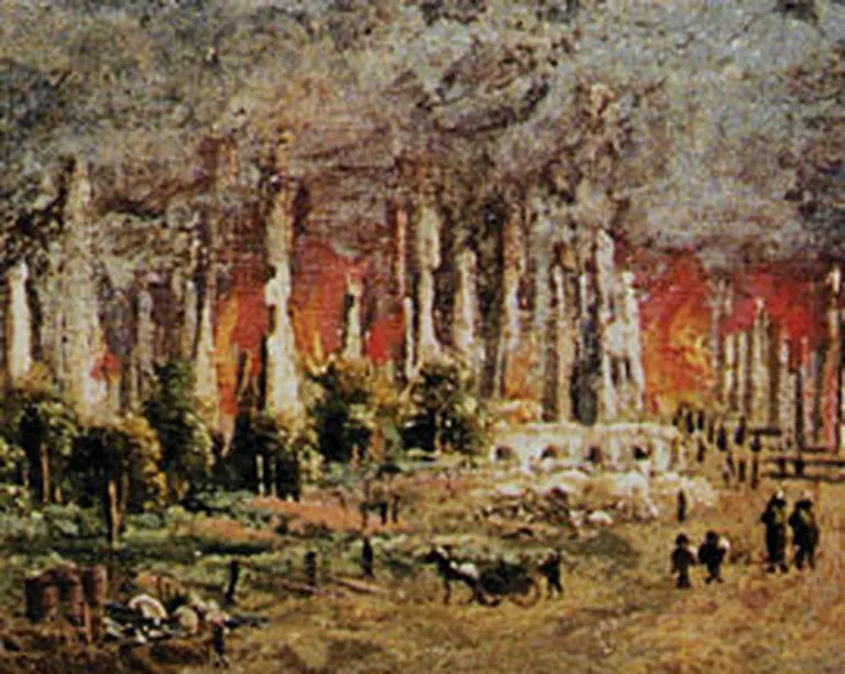 Pašreizējā Vidzemes priekšpilsēta 1812. gada 13. jūlija rītā. Pēc pieciem gadiem šeit jau bija uzcelta jauna pilsēta. J. L. Šulca gleznas fragments