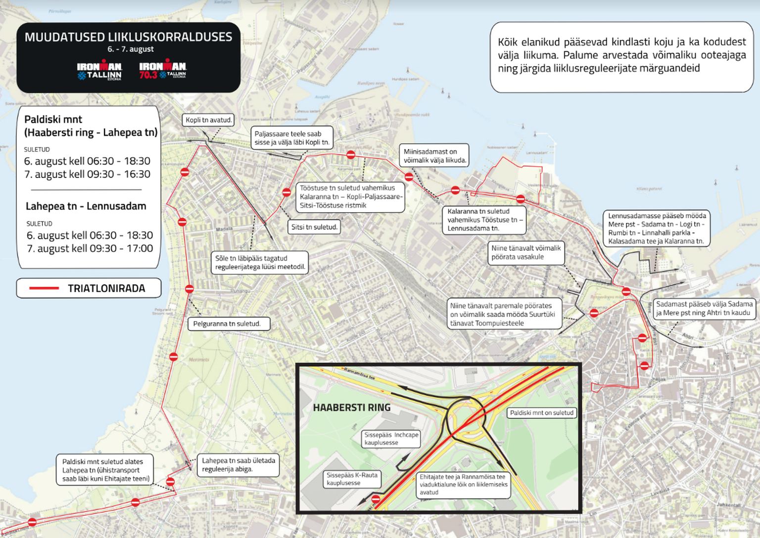 Перекрытые участки и схема движения на время проведения триатлона Ironman.