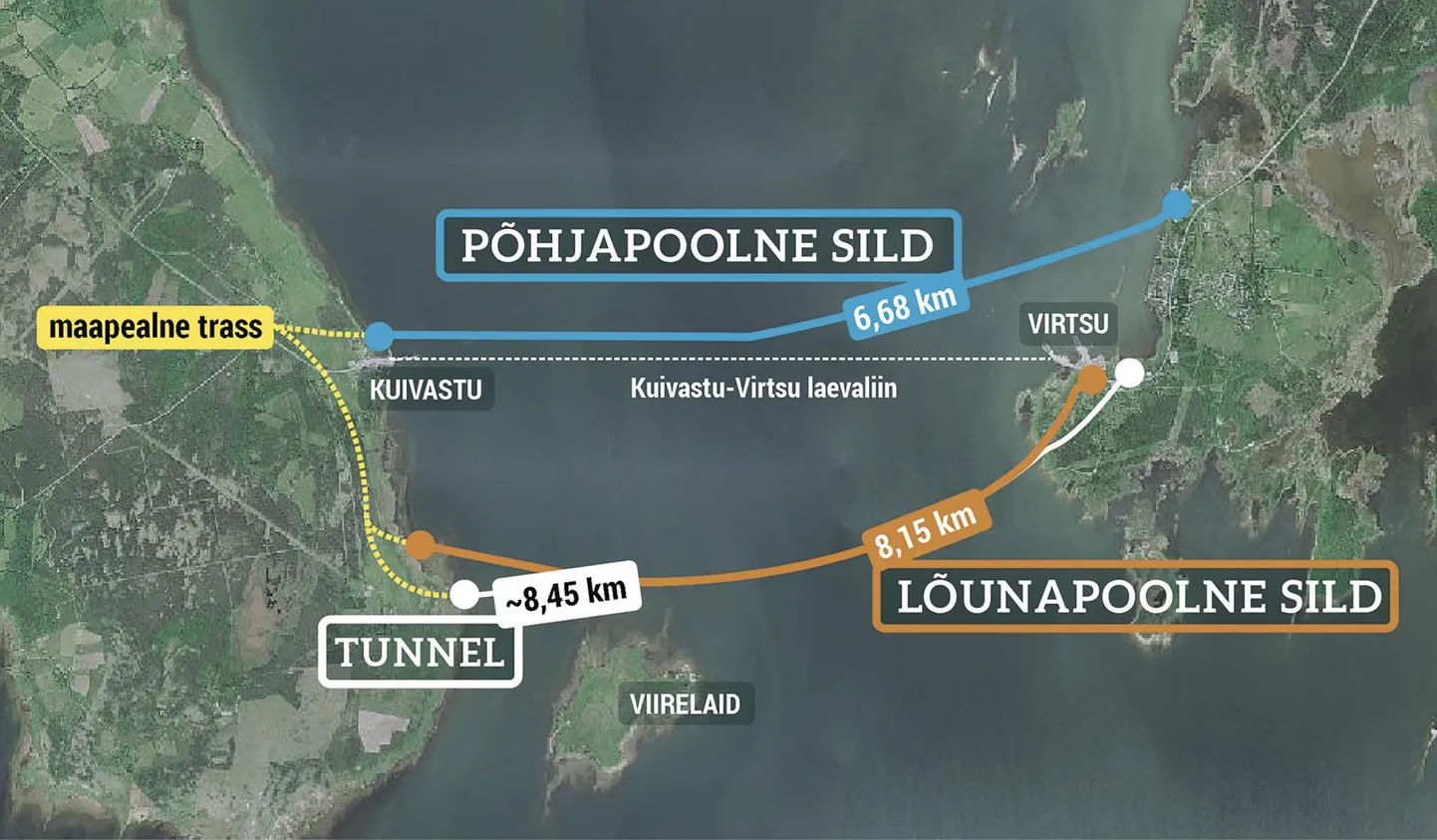 Eri ­variandid: lõuna­poolne sild, põhja­poolne sild ja tunnel.