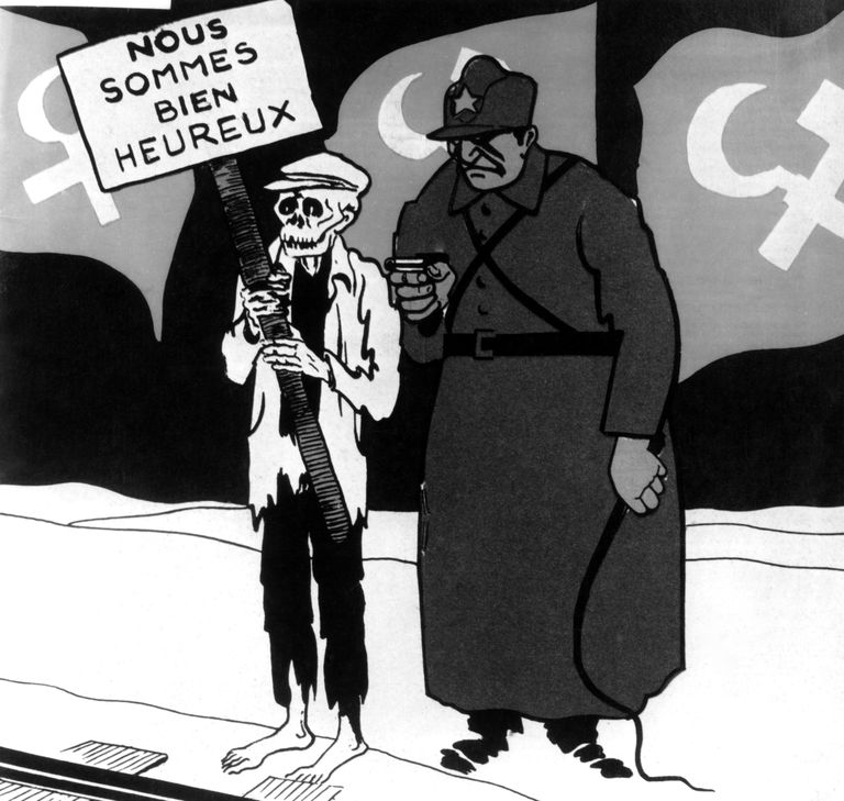 1930ndatest pärinev prantsuse karikatuur Nõukogude Liidus valitsenud näljahädast. Kiri plakatil: «Me oleme väga õnnelikud.». Foto: Scanpix