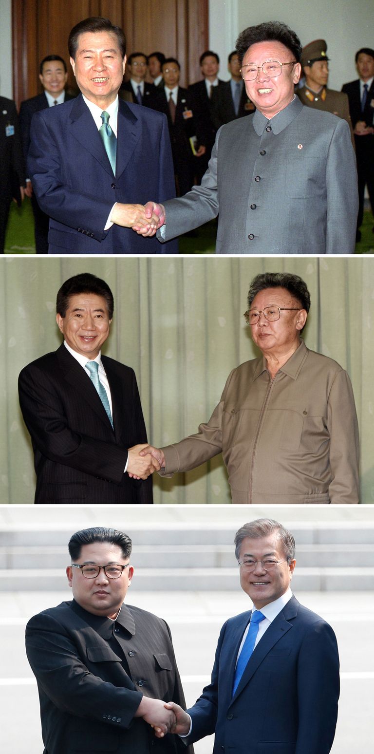(Üleval) Lõuna-Korea president Kim Dae-jung kätlemas Põhja-Korea liidri Kim Jong-iliga aatsal 2000. (Keskel) Lõuna-Korea president president Roh Moo-hyun surumas kätt Põhja-Korea liidril Kim Jong-ilil. (All) Põhja-Korea liider Kim Jong-un surumas kätt Lõuna-Korea presidendil Moon Jae-inil