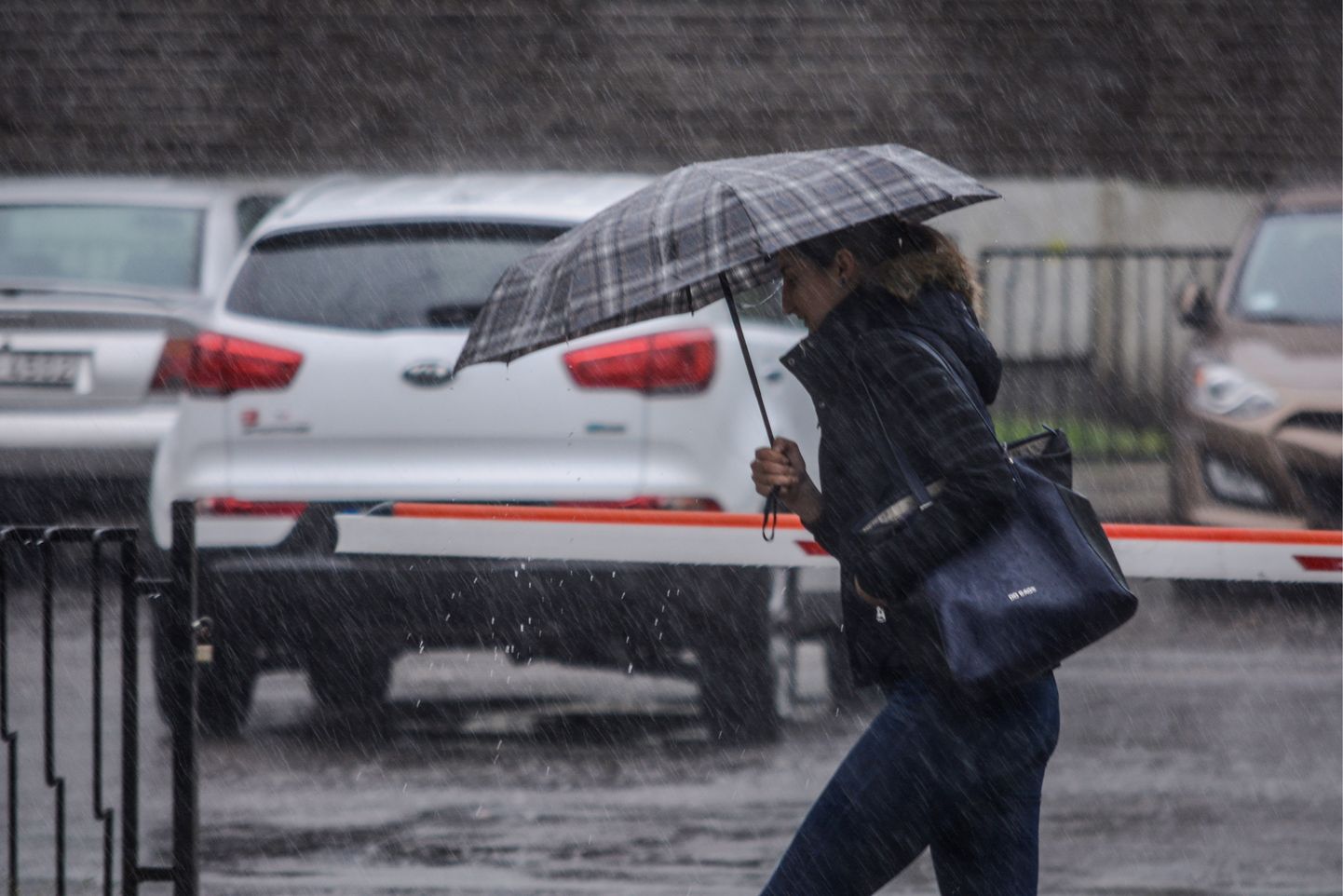 Sieviete ar lietussargu stipra lietus laikā Pārdaugavā.
