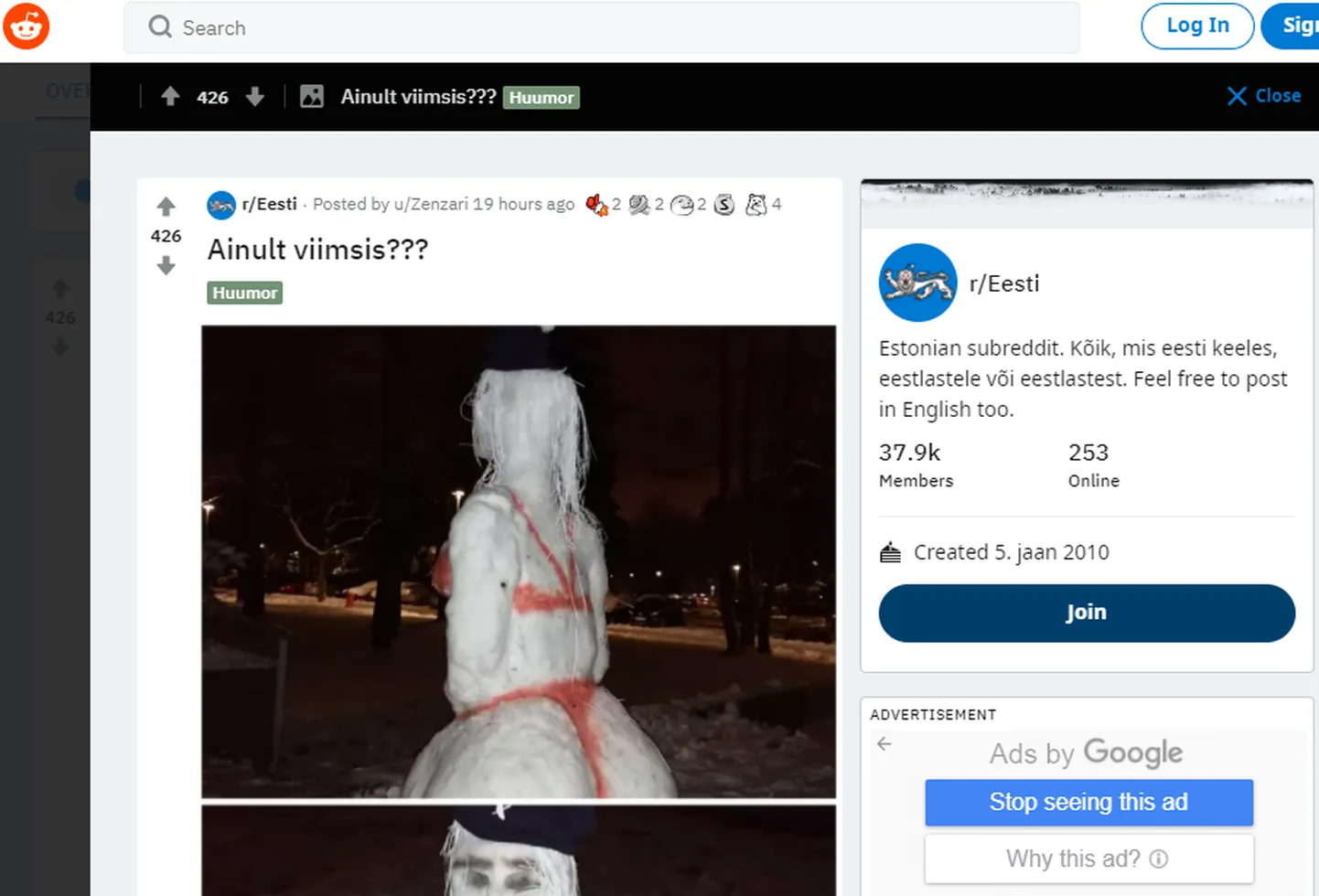 Netikeskkonnas Reddit naerutab eestlasi eriti omapärane lumememm.