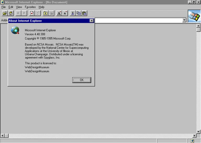11. august 1996
Netscape'iga konkureerimiseks loodud Internet Explorer 1.0 disainlahendus oli lakooniline.