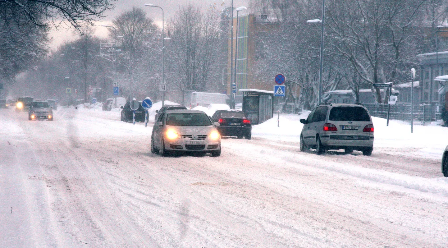Hommikul alanud tihe lumesadu koos tormituulega tegid liikumise nii kahel jalal kuiga neljal rattal keeruliseks.