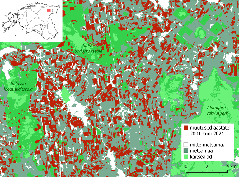 Global Forest Change on satelliidipiltidel põhinev andmestik, mis võimaldab ülemaailmselt jälgida metsade muutumist iga-aastaselt. Sellel kaardipildil on näidatud kõik satelliidipiltidelt tuvastatud muutused Ida–Virumaal Tudu ümbruse metsades, mis on toimunud ajavahemikus 2001–2021. Tasub tähele panna, et osa lageraieid on tehtud ka kaitsealadel. Allikad: Global Forest Change ja looduskaitseregistri elektrooniline andmebaas EELIS.
