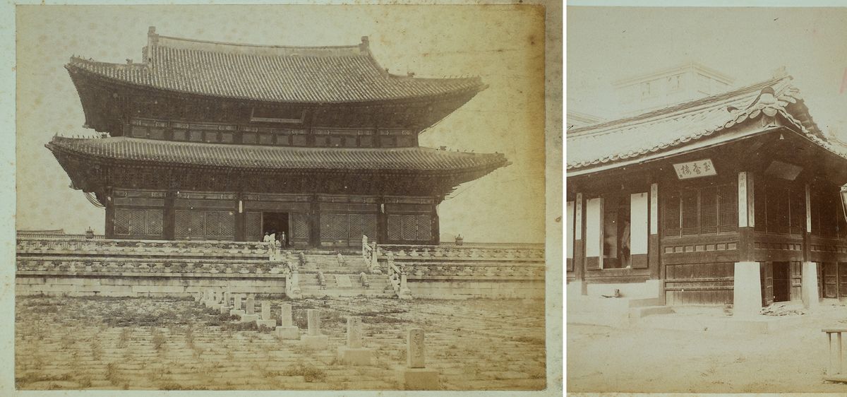 Korea Gyeongbokgungi palee, kus elas kuningas ja esimene Korea keiser Gojong. Paremal
kuninglik residents, kus 1895. aastal tapeti kuninganna Myeongseongi. Jaapanlased koos korealastega torkasid naise läbi saablitega (saabel – ratsaväes kasutatav kõver mõõk), seejärel põletati kuninganna ära.