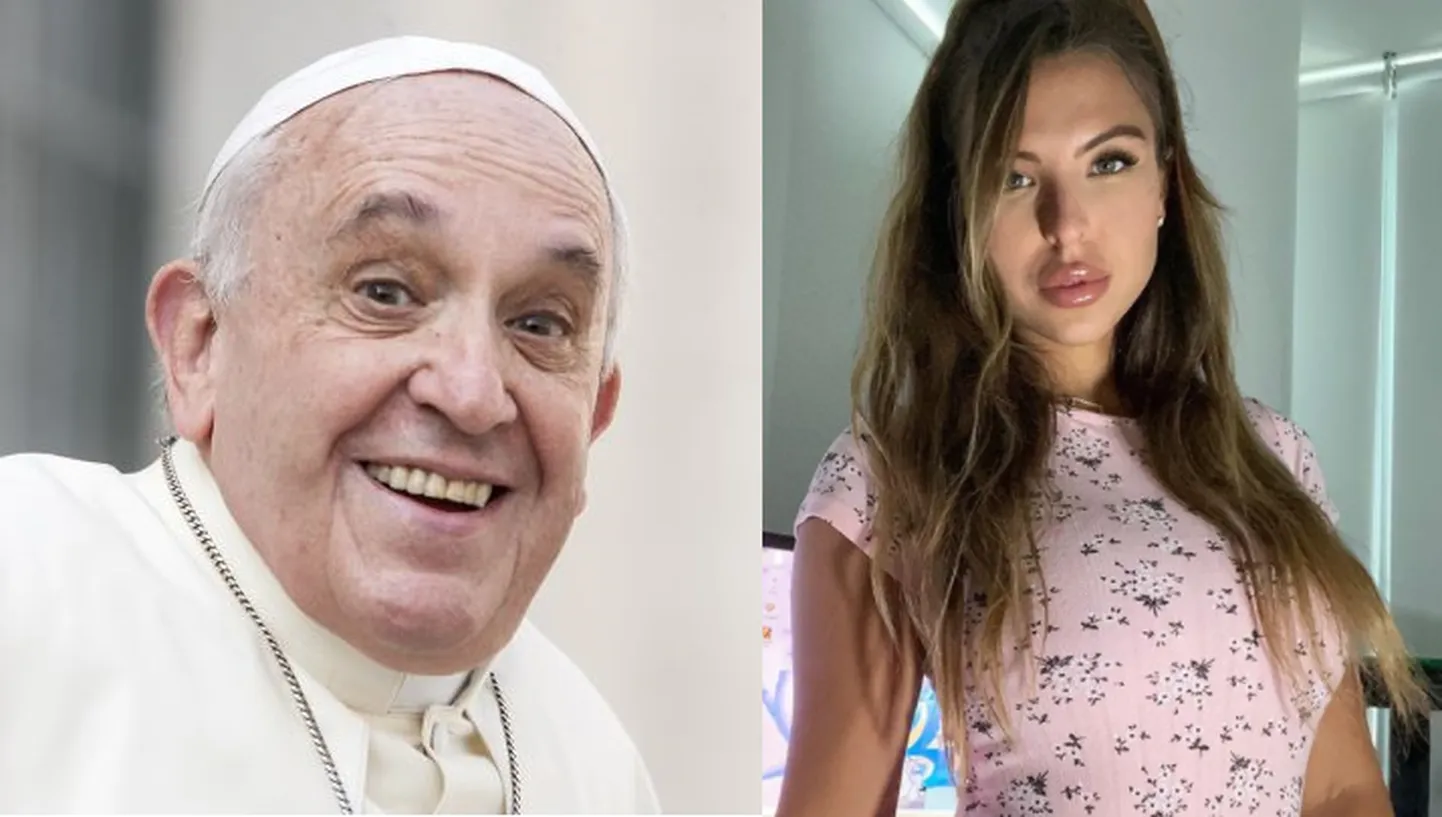 Pāvests Francisks (pa kreisi) un modele Natālija Gariboto.