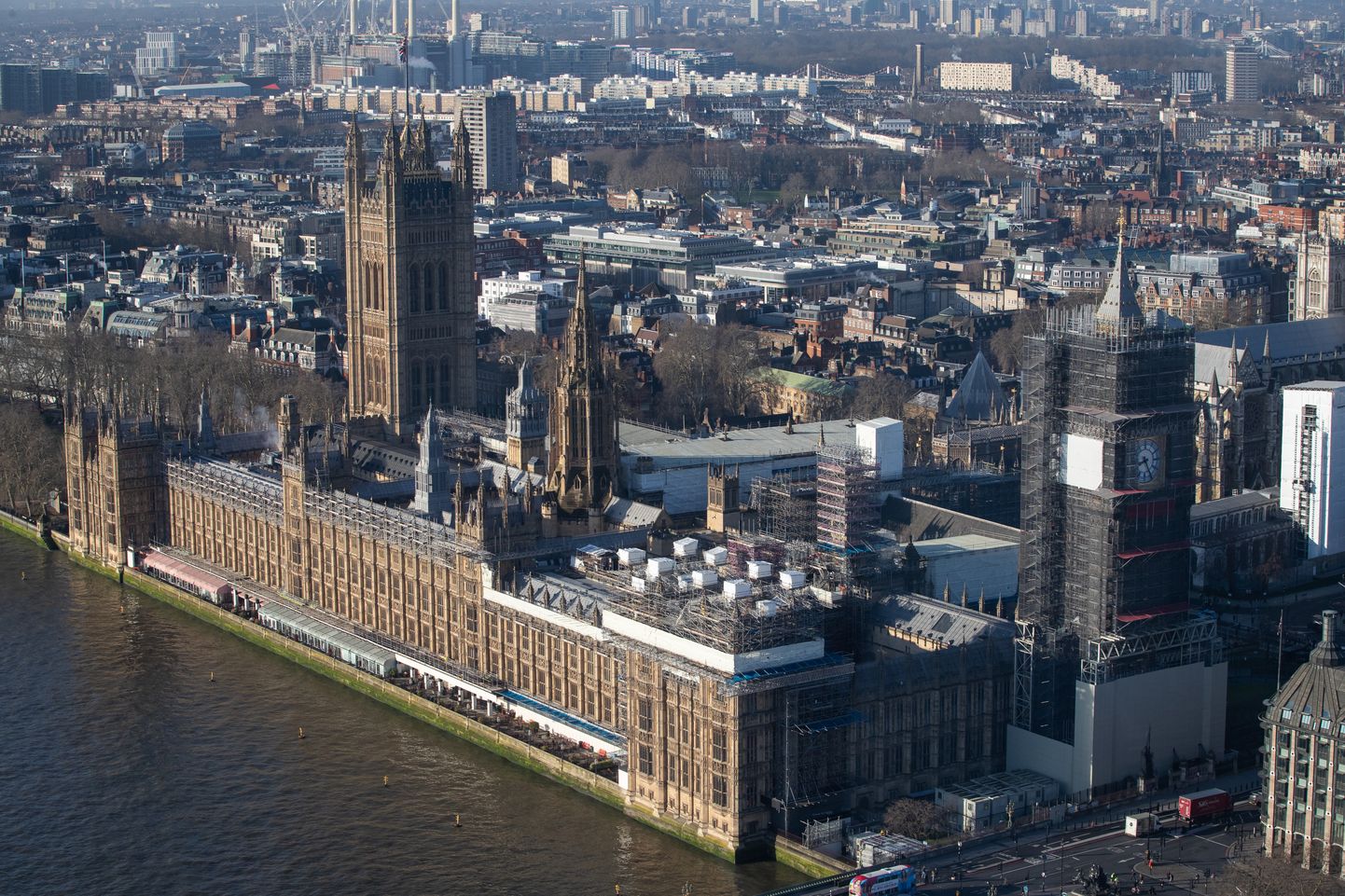 The Palace of Westminster in London is seen after sunrise.
