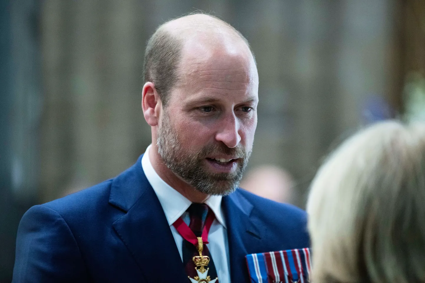 Britain's Prince William attends the Service of Thanksgiving at Westminster Abbey on V-E Day in London, Thursday, May 8, 2025. (Julian Simmonds/Pool Photo via AP)  AMB120