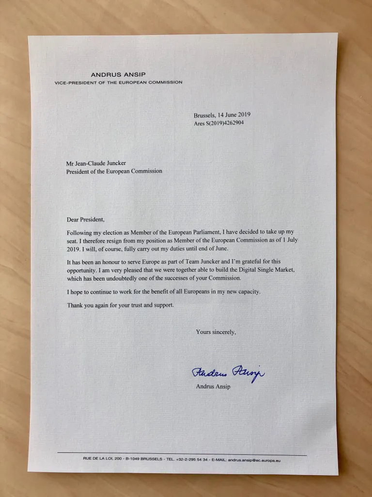 Andrus Ansipi lahkumisavaldus Jean-Claude Junckerile.