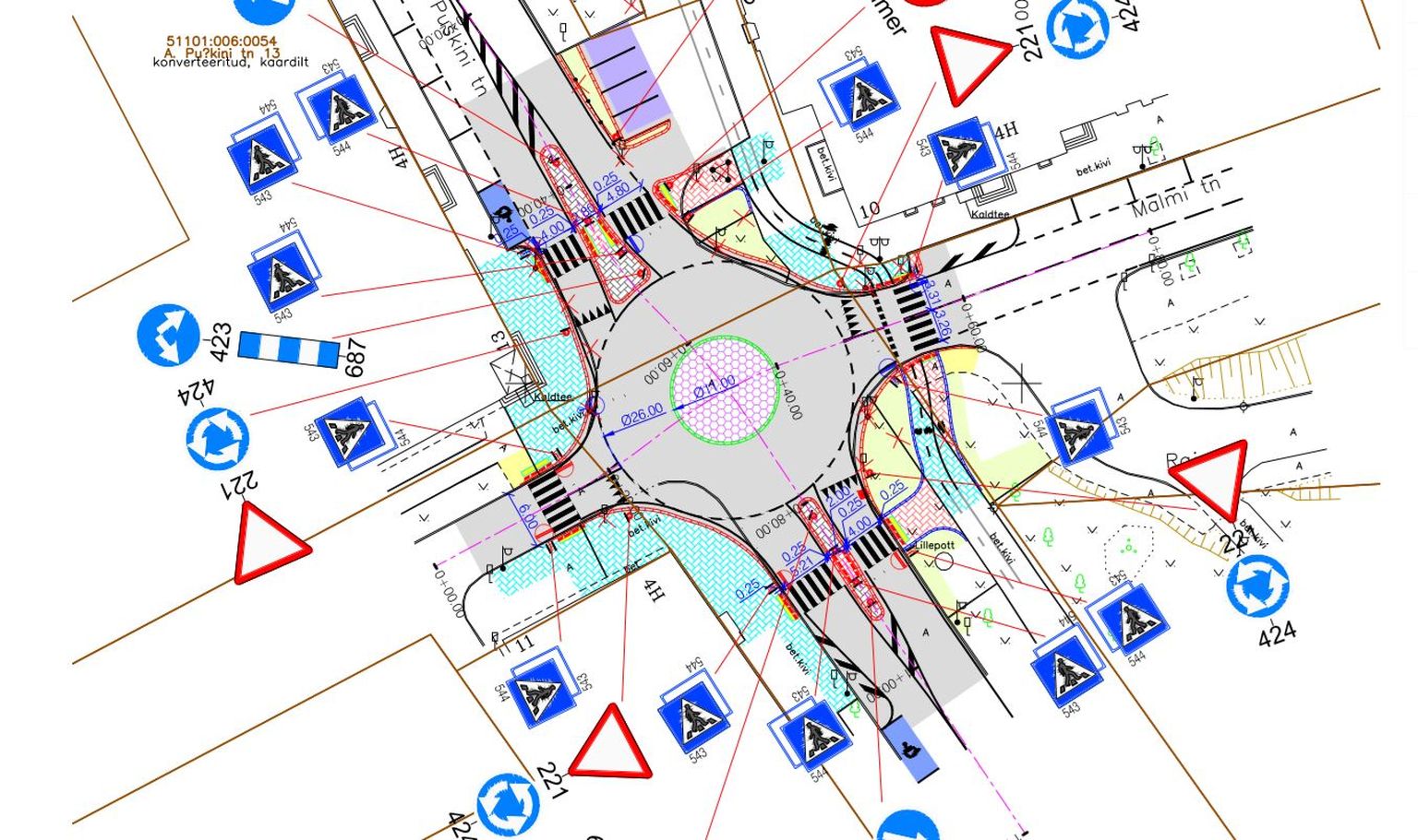 Проект обновленного перекрестка с круговым движением у центральной аптеки в Нарве. Слева направо на схеме проходит улица Мальми.
