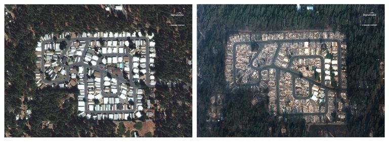 California väikelinn Paradise enne ja pärast põlengut. Vasakpoole foto on tehtud septembris ja parempoolne 10. novembril 2018