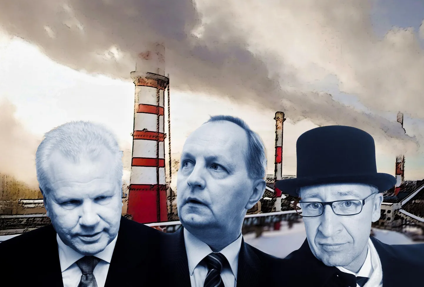Vasakult: Rein Kuusmik, Aivar Reivik ja Janek Parkman. Taamal Auvere elektrijaama korstnad.