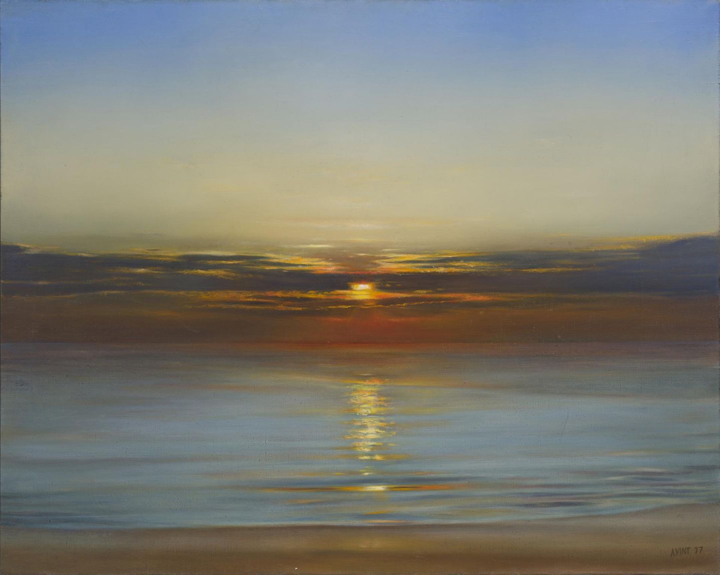 Aili Vindi õlimaal "Õhtune järv" aastast 1977 on kunstniku ainus maal, mis kujutab päikeseloojangut järvel.