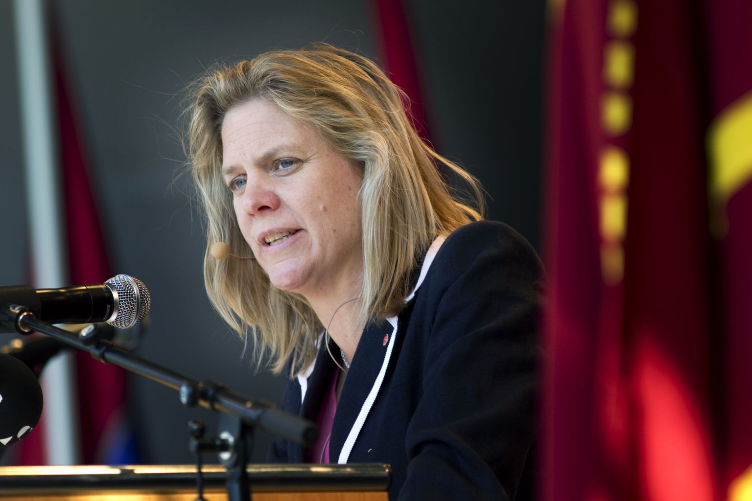 Rootsi rahandusminister Magdalena Andersson sotsiaaldemokraatliku partei kongressil esinemas.
