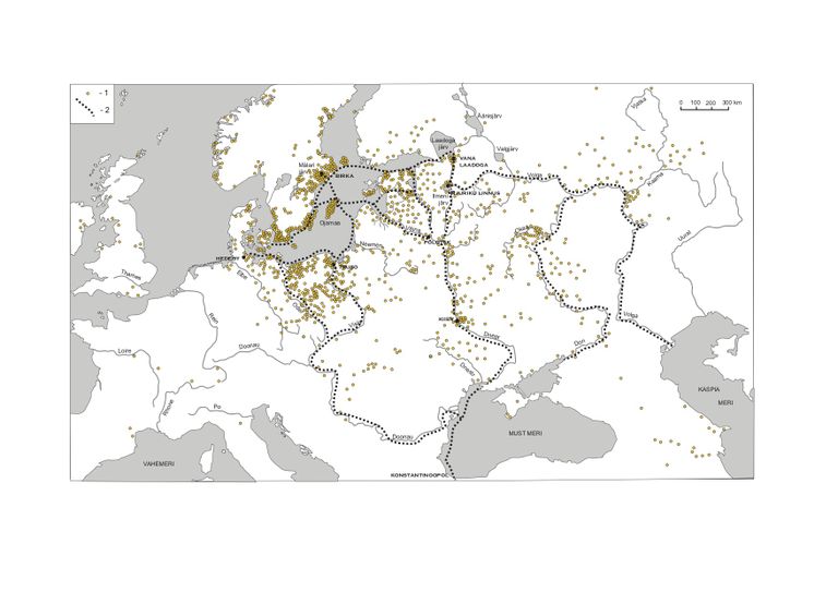 Musta katkendjoonega on märgitud kaubateed itta ja lõunasse ning kollaste ringidega idamaadest pärit dirhemid.
