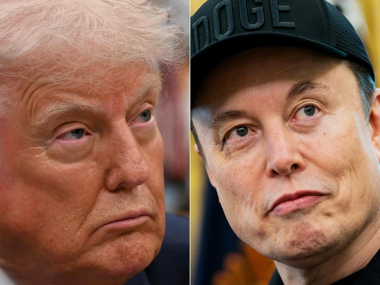 Слева — Дональд Трамп 5 июня 2025 года в Овальном кабинете Белого дома, справа — Илон Маск 30 мая 2025 года также в Белом доме. Между Трампом и Маском вспыхнул конфликт по поводу государственных расходов. Трамп пообещал аннулировать все госконтракты Маска, а сам Маск заявил, что зря вложил деньги в видение Трампа. Фото: Alex Wroblewski and Allison ROBBERT / AFP/Scanpix